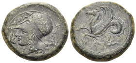 SICILY. Syracuse. Dionysios I, 405-367 BC. Litra (Bronze, 20 mm, 7.81 g, 12 h), circa 390. ΣYPA Head of Athena left, wearing laureate Corinthian helme...