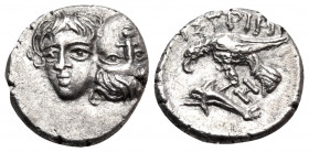 MOESIA. Istros. Circa 400-350 BC. Diobol (Silver, 12 mm, 1.43 g, 2 h). Two facing male heads side by side, one upright and the other inverted - a tête...