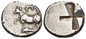 THRACE. Byzantion. Circa 340-320 BC. Drachm or siglos (Silver, 17 mm, 5.17 g). (YΠ)Y Heifer with front left leg raised, standing to left on a dolphin ...