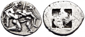 ISLANDS OFF THRACE, Thasos. Circa 500-480 BC. Stater (Silver, 22 mm, 9.43 g). Ithyphallic satyr advancing to right, carrying protesting nymph. Rev. Qu...