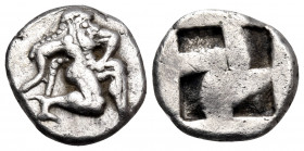 ISLANDS OFF THRACE, Thasos. 500-480 BC. Trihemiobol or 1/8 Stater (Silver, 11.5 mm, 1.21 g). Ithyphallic satyr running to right. Rev. Quadripartite in...