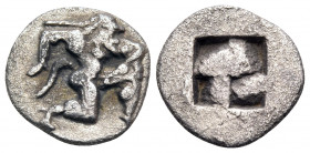 ISLANDS OFF THRACE, Thasos. 500-480 BC. Trihemiobol or 1/8 Stater (Silver, 12 mm, 0.95 g). Ithyphallic satyr running to right. Rev. Quadripartite incu...