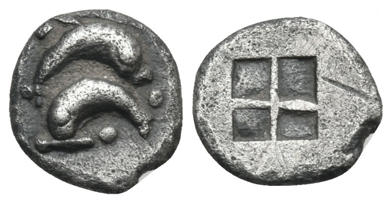 ISLANDS OFF THRACE, Thasos. Circa 500-480 BC. Obol (Silver, 7.5 mm, 0.55 g). Two...