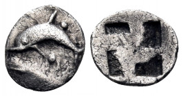 ISLANDS OFF THRACE, Thasos. Circa 463-449 BC. Hemiobol (Silver, 7.5 mm, 0.32 g). Dolphin swimming to left; around, two pellets. Rev. Quadripartite inc...