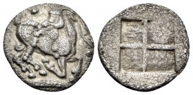THRACO-MACEDONIAN TRIBES, Mygdones or Krestones. Circa 490-485 BC. 1/8 Stater (Silver, 12 mm, 0.92 g). Goat kneeling right on pelleted ground line, hi...