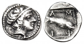 MACEDON. Amphipolis. late 5th-early 4th century BC. Obol (Silver, 9 mm, 0.42 g, 2 h). Male head to right (Apollo?), wearing tainia. Rev. A-M-Φ-I Fish ...