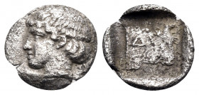 MACEDON. Dikaia. Circa 425-400 BC. Hemiobol (Silver, 8 mm, 0.34 g, 6 h). Head of nymph to left. Rev. Head and neck of bull to right; on neck, Δ. HGC 3...