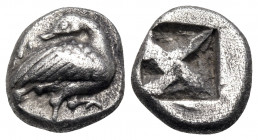 MACEDON. Eion. Circa 480-470 BC. Diobol (Silver, 9 mm, 1.16 g). Goose standing right, head turned back to left. Rev. Incuse square. HGC 3, 519. HPM pl...