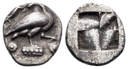 MACEDON. Eion. Circa 470-460 BC. Diobol (Silver, 10 mm, 0.84 g). Goose standing to right on decorated base, turning head to left to face a lizard craw...