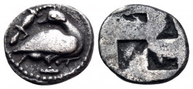 MACEDON. Eion. Circa 460-400 BC. Trihemiobol (Silver, 10 mm, 0.82 g). Goose standing to right, head turned back to left; above, lizard to left. Rev. Q...