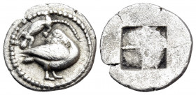 MACEDON. Eion. Circa 460-400 BC. Trihemiobol (Silver, 12 mm, 0.91 g). Goose standing to right, head turned back to left; above, lizard to left. Rev. Q...