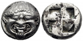 MACEDON. Neapolis. Circa 500-480 BC. Stater (Silver plated bronze, 18 mm, 7.94 g). Gorgoneion facing with gnashing teeth and extended tongue. Rev. Qua...