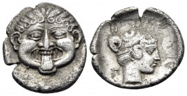 MACEDON. Neapolis. Circa 424-350 BC. Hemidrachm (Silver, 15 mm, 1.76 g, 3 h). Gorgoneion facing with protruding tongue. Rev. Ν-Ε / Ο-Π Head of the nym...