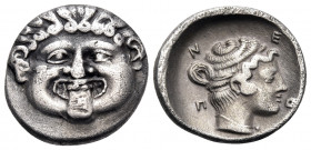 MACEDON. Neapolis. Circa 424-350 BC. Hemidrachm (Silver, 14.5 mm, 1.84 g, 7 h). Gorgoneion facing with protruding tongue. Rev. Ν-Ε / Ο-Π Head of the n...