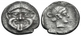 MACEDON. Neapolis. Circa 424-350 BC. Hemidrachm (Silver, 14.5 mm, 1.77 g, 12 h). Gorgoneion facing with protruding tongue. Rev. Ν-Ε / Ο-Π Head of the ...
