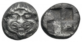 MACEDON. Neapolis. Circa 500-480 BC. Obol (Silver, 9.5 mm, 1.04 g). Facing gorgoneion with protruding tongue. Rev. Quadripartite incuse square. Rosen ...