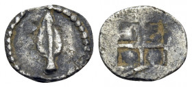KINGS OF MACEDON. Alexander I, 498-454 BC. Tetartemorion (Silver, 8.5 mm, 0.15 g), Aigai. Spear head. Rev. Quadripartite incuse square. Klein 119. SNG...