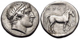 KINGS OF MACEDON. Archelaos, 413-400/399 BC. Stater (Silver, 23.5 mm, 10.47 g, 1 h). Head of Apollo to right, wearing taenia. Rev. APXE-ΛA-O Horse wit...