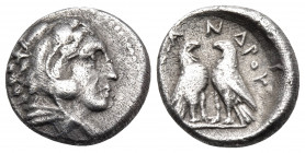 KINGS OF MACEDON. Alexander III ‘the Great’, 336-323 BC. Diobol (Silver, 11 mm, 1.39 g, 6 h), Amphipolis, circa 325-323/2 BC. Head of Herakles to righ...