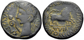 SPAIN. Caesaraugusta. Augustus, 27 BC-AD 14. As (Bronze, 26.5 mm, 9.65 g, 6 h), struck under the duovirs M. Porcius and Cn. Fadius. MP AVGVSTVS XIV La...