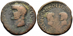 SPAIN. Carthago Nova. Tiberius, with Nero and Drusus, Caesars, 14-37. As (Bronze, 27 mm, 13.08 g, 1 h). TI CAESAR DIVI AVGVSTI F AVGVSTVS P M Laureate...