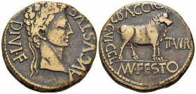 SPAIN. Celsa. Augustus, 27 BC-AD 14. As (Bronze, 27.5 mm, 13.38 g, 6 h), struck under the duovirs L. Baggius and Mn. Flavius Festus. AVGVSTVS DIVI F L...