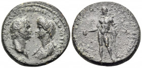 IONIA. Smyrna. Domitian, with Domitia, 81-96. Diassarion (Bronze, 24 mm, 8.06 g, 12 h), struck under the magistrate Demostratos and the strategos Seio...