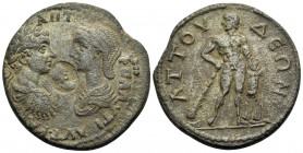 CARIA. Attuda. Caracalla, with Plautilla, 198-217. Tetrassarion (Bronze, 29 mm, 10.63 g, 12 h). AYT · KAI ANTΩ Φ ΠΛAYΤI On the left, laureate, draped,...