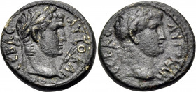 LYDIA. Germe. Titus, with Domitian Caesar, 79-81. Hemiassarion (Bronze, 16 mm, 3.23 g, 11 h). ΑΥΤΟ ΚΑΙ CEΒΑC Laureate head of Titus to right; grain ea...