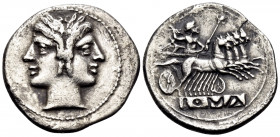 Anonymous, circa 225-214/212 BC. Quadrigatus (Silver, 25 mm, 5.97 g, 5 h), Rome. Laureate janiform head. Rev. Jupiter, holding scepter in his left han...