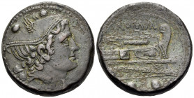 Anonymous, 217-215 BC. Sextans (Bronze, 30 mm, 27.65 g, 6 h), Rome. Head of Mercury to right, wearing winged petasus; above, two pellets. Rev. ROMA Pr...