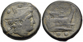 Anonymous, Circa 217-215 BC. Sextans (Bronze, 31 mm, 29.11 g, 10 h), Rome. Head of Mercury to right, wearing winged petasus; above, two pellets. Rev. ...