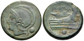 Anonymous, Circa 217-215 BC. Uncia (Bronze, 24 mm, 12.89 g, 11 h), Rome. Helmeted head of Roma to left; pellet behind. Rev. ROMA Prow of gally right; ...