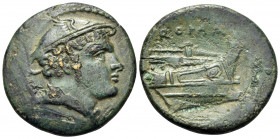 Anonymous, circa 217-215 BC. Semuncia (Bronze, 22 mm, 5.94 g, 1 h), Rome. Head of Mercury to right, wearing winged petasos. Rev. ROMA Prow to right wi...