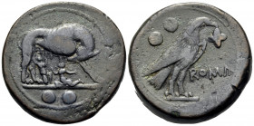 Anonymous, Circa 217-215 BC. Sextans (Bronze, 29.5 mm, 22.18 g, 3 h), Rome. She-wolf standing to right, head turned back, suckling the twins Remus and...
