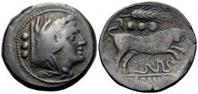 Anonymous, Circa 214 BC. Quadrans (Bronze, 28 mm, 13.73 g, 8 h), Sicilian mint. Head of Hercules to right, wearing boar's skin headdress; behind, thre...