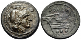 Anonymous, after 211 BC. Triens (Bronze, 25 mm, 10.29 g, 1 h), Uncertain mint. Helmeted head of Minerva to right; above, four pellets. Rev. ROMA Prow ...