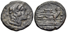 Anonymous, after 211 BC. Quadrans (Bronze, 18 mm, 3.97 g, 8 h), Rome. Head of Hercules to right, wearing lion skin; behind, three pellets. Rev. ROMA P...
