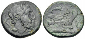 Anonymous, 211-208 BC. Semis (Bronze, 26.5 mm, 15.94 g, 6 h), Uncertain mint in Sicily. Laureate head of Saturn to right; behind, S. Rev. ROMA Prow to...