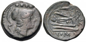 Anonymous, 211-208 BC. Triens (Bronze, 23 mm, 11.35 g, 9 h), Grain ear and KA series, Sicilian mint. Helmeted head of Minerva right; four pellets abov...