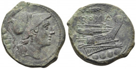 Anonymous, after 211 BC. Triens (Bronze, 26 mm, 11.68 g, 3 h), Uncertain mint. Helmeted head of Minerva to right; above, four pellets. Rev. ROMA Prow ...