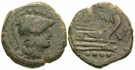 Anonymous, after 211 BC. Triens (Bronze, 22 mm, 8.68 g, 8 h), Luceria. Helmeted head of Minerva to right; above, four pellets. Rev. ROMA Prow to right...