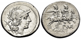 P. Maenius, 194-190 BC. Denarius (Silver, 20 mm, 3.85 g, 7 h), Rome. Helmeted head of Roma to right; behind, denomination mark. Rev. P · (MAE) / ROMA ...