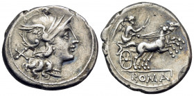 Anonymous, 157-156 BC. Denarius (Silver, 18.5 mm, 3.57 g, 4 h), Rome. Helmeted head of Roma to right; behind, X. Rev. ROMA Victory, holding whip in ri...