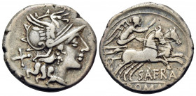 Spurius Afranius, 150 BC. Denarius (Silver, 18 mm, 3.76 g, 1 h), Rome. Helmeted head of Roma to right; behind, X. Rev. S AFRA / ROMA Victory, holding ...