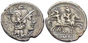 M. Atilius Saranus, 148 BC. Denarius (Silver, 20 mm, 3.54 g, 3 h), Rome. SAR(AN) Helmeted head of Roma to right; X below chin. Rev. M · ATE / ROMA The...