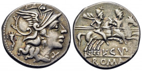 L. Cupiennius, 147 BC. Denarius (Silver, 18 mm, 3.45 g, 4 h), Rome. Helmeted head of Roma to right; behind, cornucopiae; below chin, denomination mark...