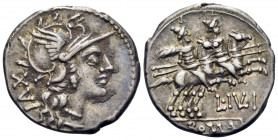 L. Julius, 141 BC. Denarius (Silver, 18 mm, 3.89 g, 9 h), Rome. XVI Helmeted head of Roma to right. Rev. L · I(VL)I / ROMA The Dioscuri, each holding ...