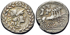 Cn. Gellius, 138 BC. Denarius (Silver, 19 mm, 4.11 g, 2 h), Rome. Helmeted head of Roma to right; X behind; all within laurel wreath. Rev. CN · GEL / ...