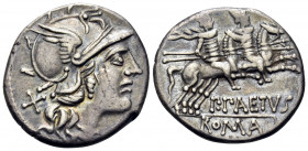 P. Aelius Paetus, 138 BC. Denarius (Silver, 20 mm, 3.69 g, 7 h), Rome. Helmeted head of Roma to right; behind, X. Rev. P · PAETVS / ROMA The Dioscuri,...